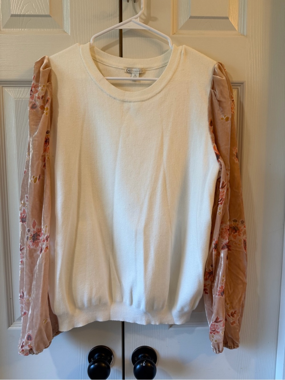 Cato Cream Knit Top with Pink Floral Sheer Puff Sleeves